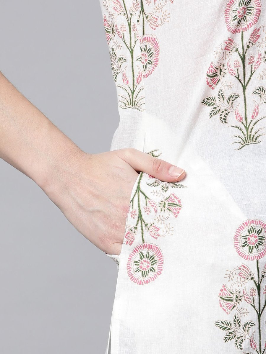 Ahalyaa Women's Off White Pure Cotton Floral Printed Kurta - Distacart