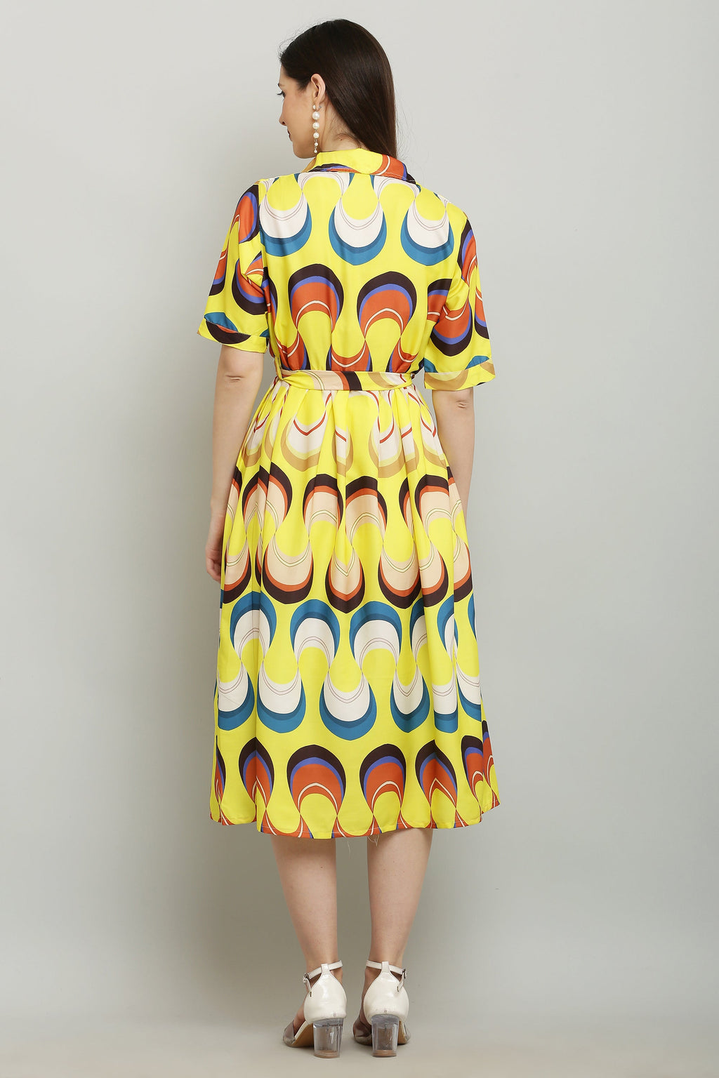PAVONINE Zig-Zag Multi-Colors Printed Crepe Fabric Yellow Dress For Women - Distacart