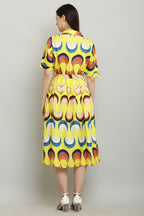 PAVONINE Zig-Zag Multi-Colors Printed Crepe Fabric Yellow Dress For Women - Distacart
