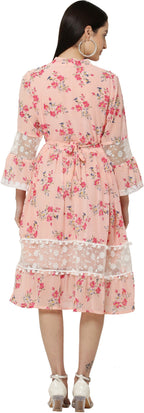 PAVONINE Peach Color Flower Printed Lace Bottom Dress For Girls & Women - Distacart