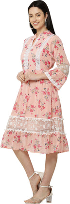 PAVONINE Peach Color Flower Printed Lace Bottom Dress For Girls & Women - Distacart