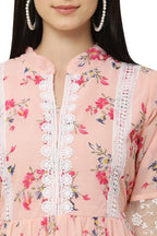 PAVONINE Peach Color Flower Printed Lace Bottom Dress For Girls & Women - Distacart