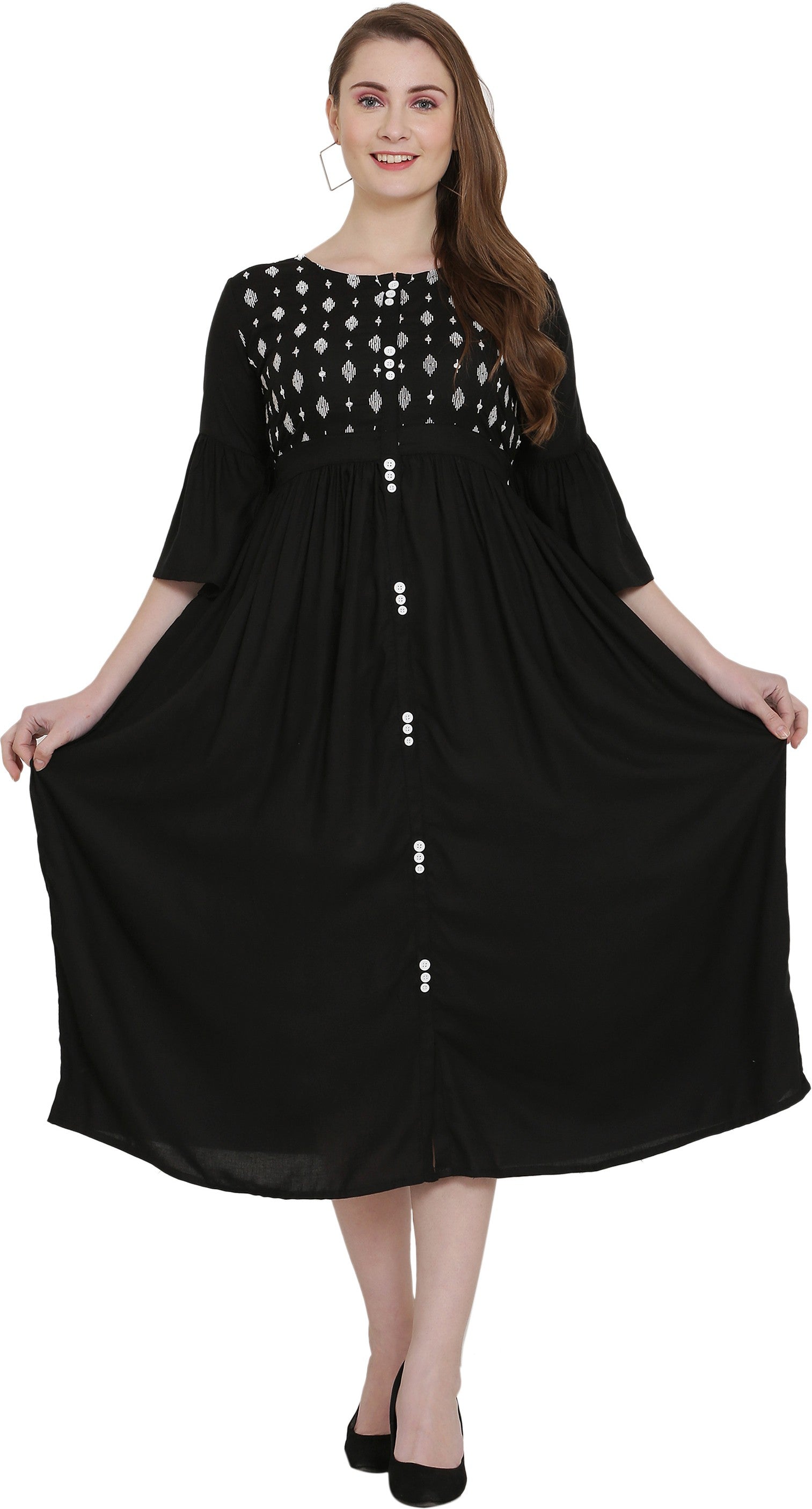 PAVONINE Black Color Embroidery Work With Button Dress For Women - Distacart