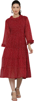 PAVONINE Micro Dots Frill-Neck Georgette Fabric Maroon Dress For Women - Distacart