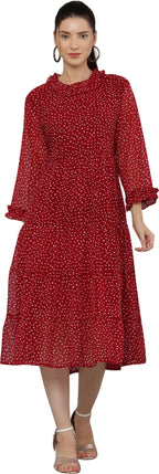 PAVONINE Micro Dots Frill-Neck Georgette Fabric Maroon Dress For Women - Distacart