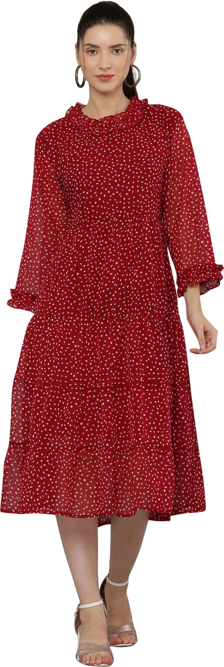 PAVONINE Micro Dots Frill-Neck Georgette Fabric Maroon Dress For Women