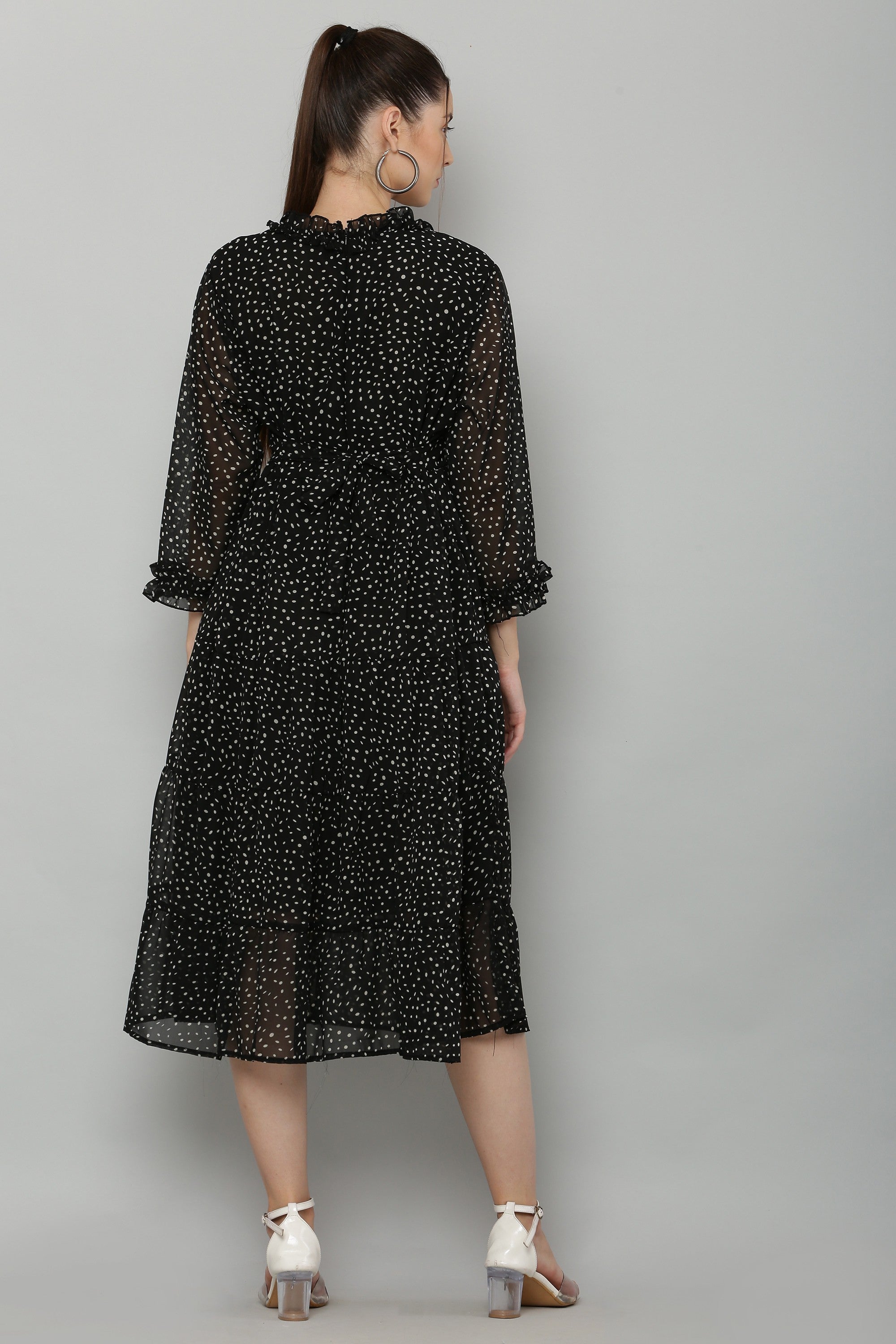 PAVONINE Micro Dots Frill-Neck Georgette Fabric Black Dress For Women - Distacart