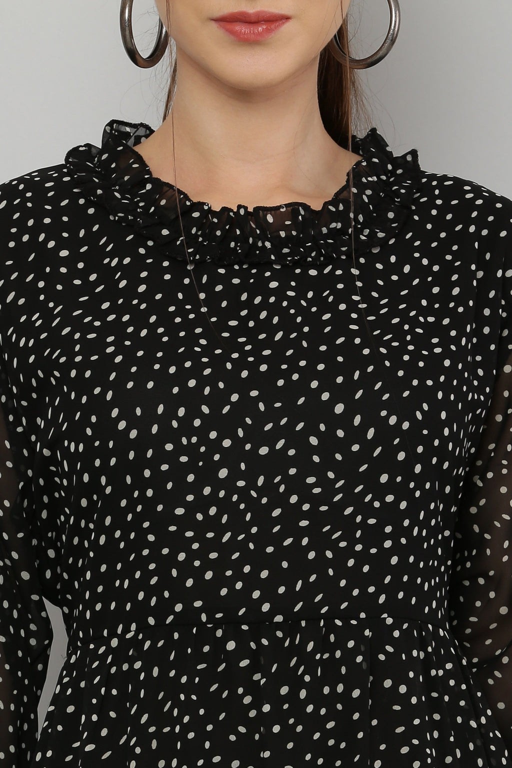 PAVONINE Micro Dots Frill-Neck Georgette Fabric Black Dress For Women - Distacart