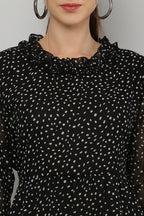 PAVONINE Micro Dots Frill-Neck Georgette Fabric Black Dress For Women - Distacart