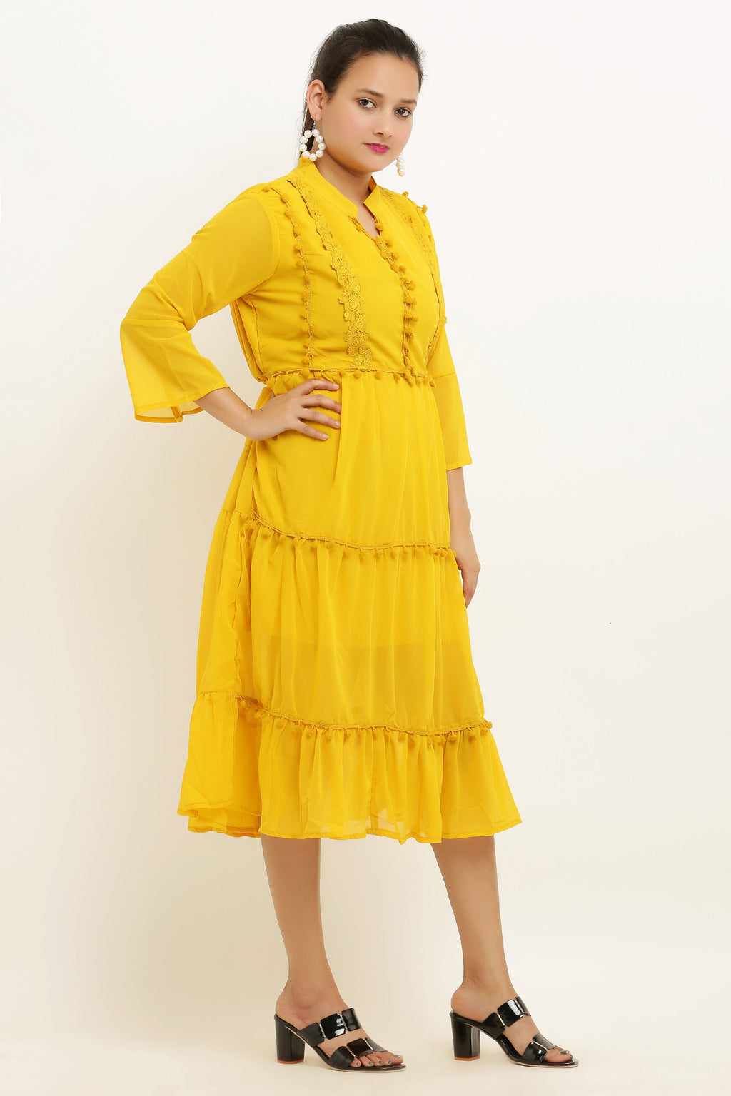 PAVONINE Pum Pum & Lace Inserted Mustard Color Dress For Girls & Women - Distacart