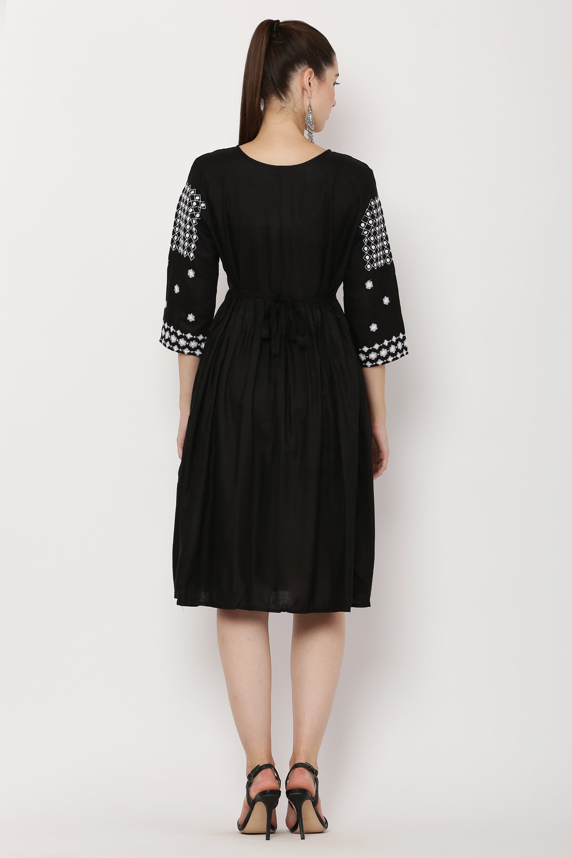 PAVONINE Black Color Polka Dots Embroidery Dress For Women - Distacart
