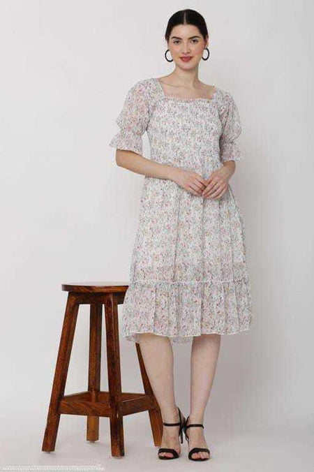 PAVONINE White Color Georgette Fabric Body Kansai Midi For Girls