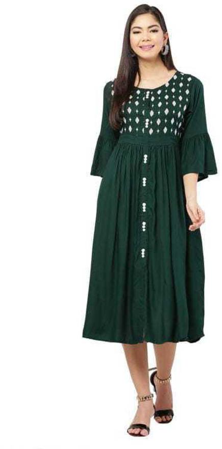 PAVONINE Bottle Green Color Embroidery Work With Button Dress For Women - Distacart