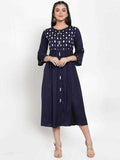 PAVONINE Navy Blue Color Embroidery Work With Button Dress For Women - Distacart