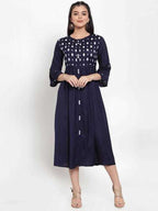 PAVONINE Navy Blue Color Embroidery Work With Button Dress For Women - Distacart