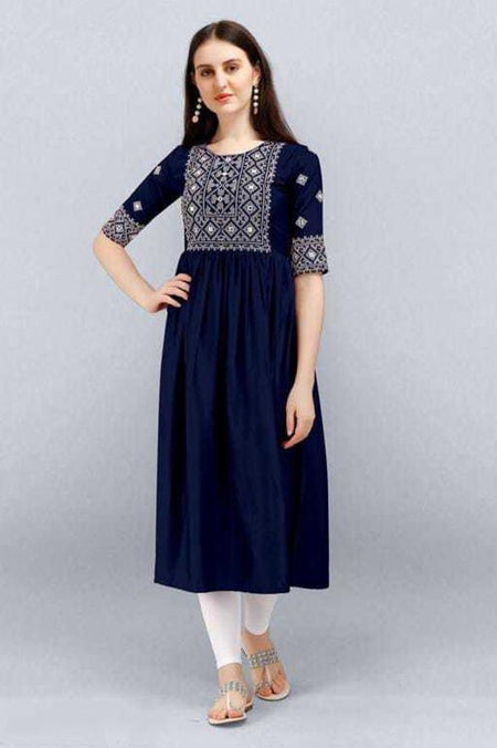 PAVONINE Navy Blue Color Burfi Design Embroidery Dress For Women