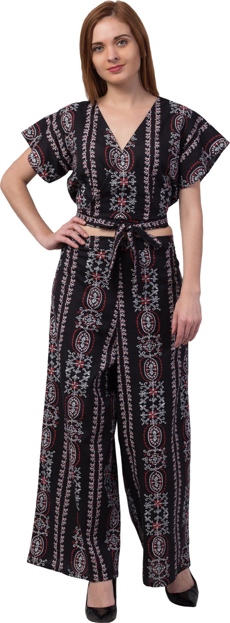 PAVONINE Black Color Printed Crop Top And Flared Palazzo Set For Girls & Women