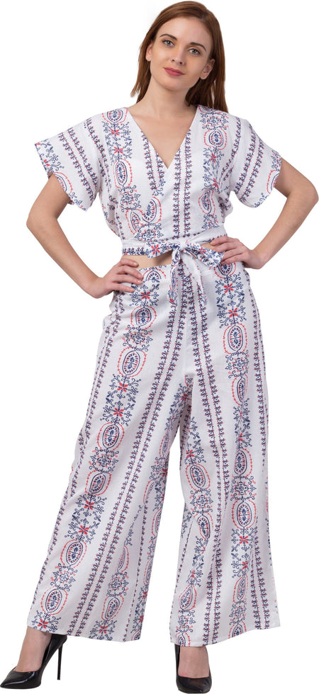 PAVONINE White Color Printed Crop Top And Flared Palazzo Set For Girls & Women