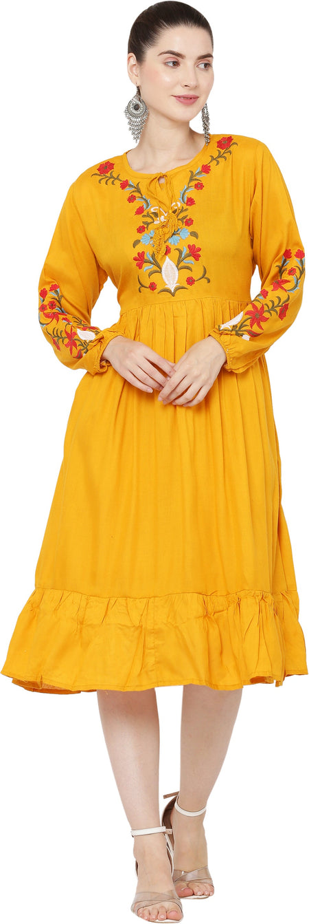 PAVONINE Mustard Color Flower Embroidery Dress For Women