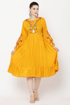 PAVONINE Mustard Color Flower Embroidery Dress For Women - Distacart