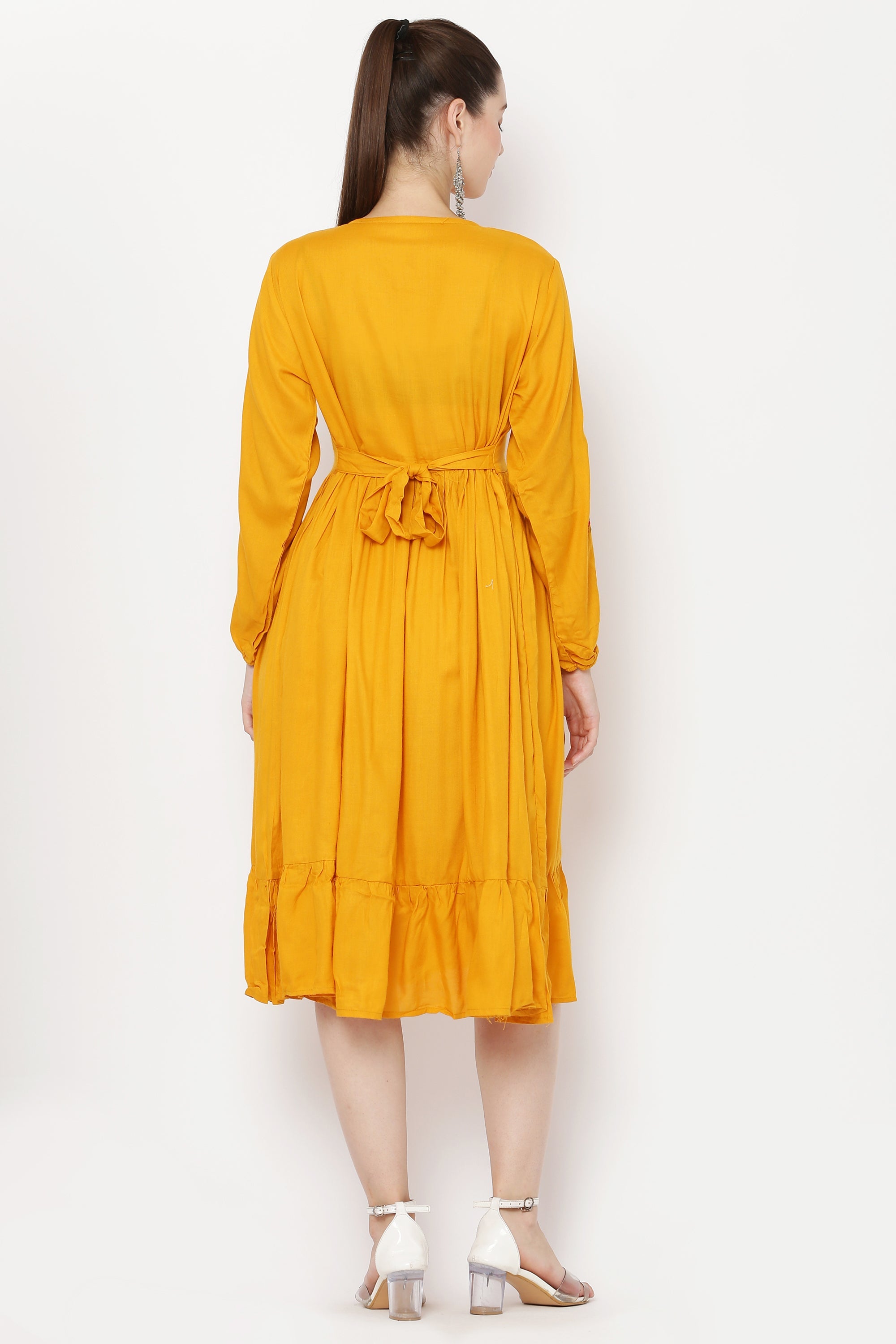 PAVONINE Mustard Color Flower Embroidery Dress For Women - Distacart