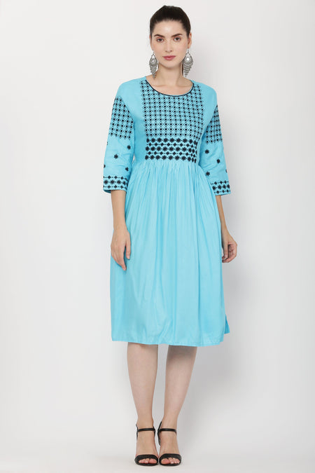 PAVONINE Firozi Color Polka Dots Embroidery Dress For Women
