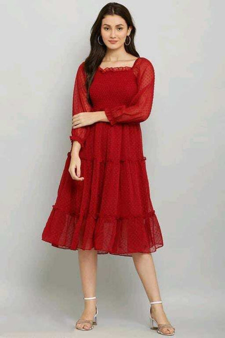 PAVONINE Buta-Design With Square-Neck Maroon Dress For Girls & Women