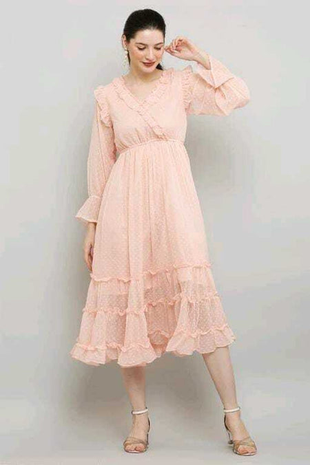 PAVONINE Buta-Design With V-Neck Peach Dress For Girls & Women