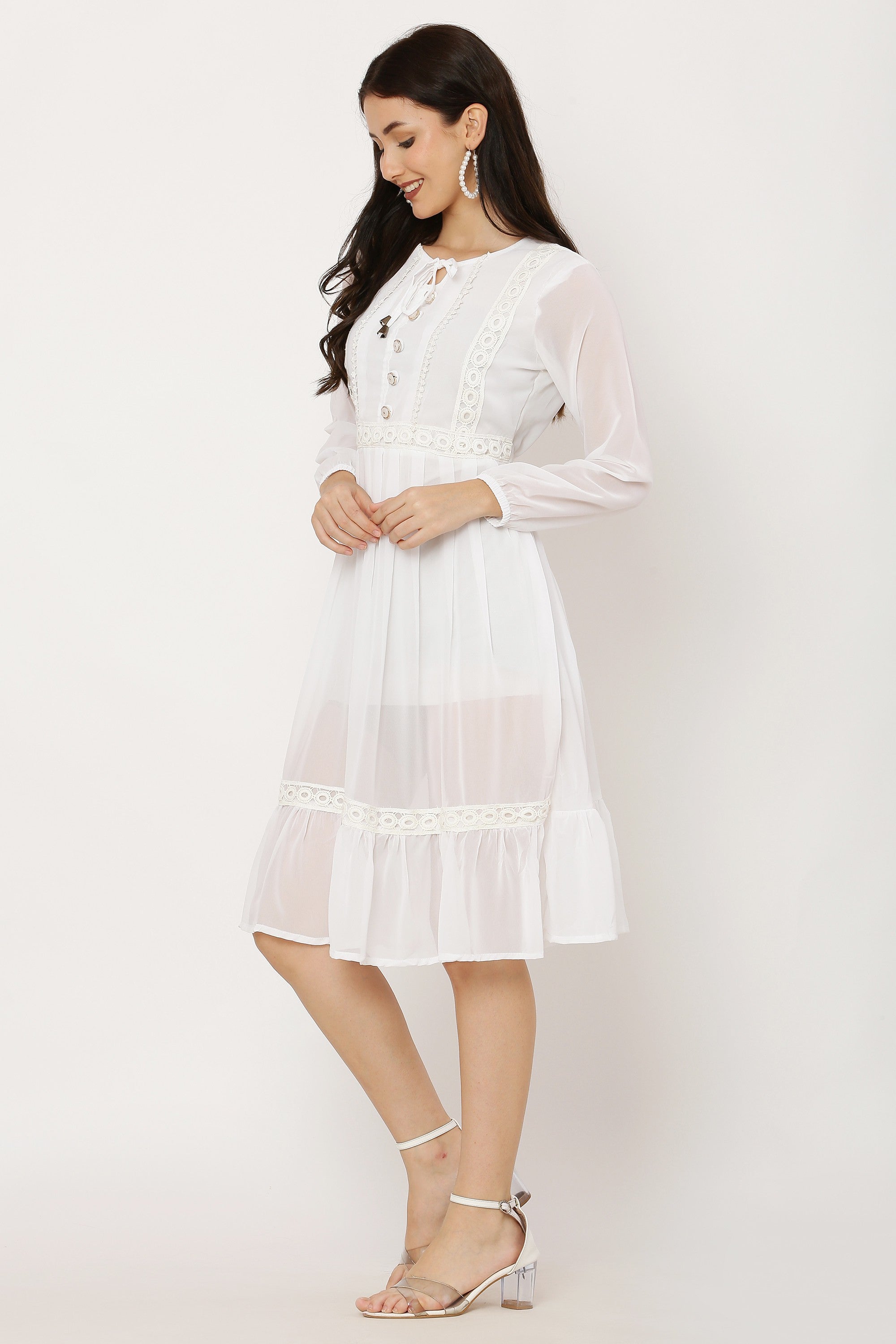 PAVONINE White Color Georgette Fabric Lace Inserts Dress For Girls - Distacart