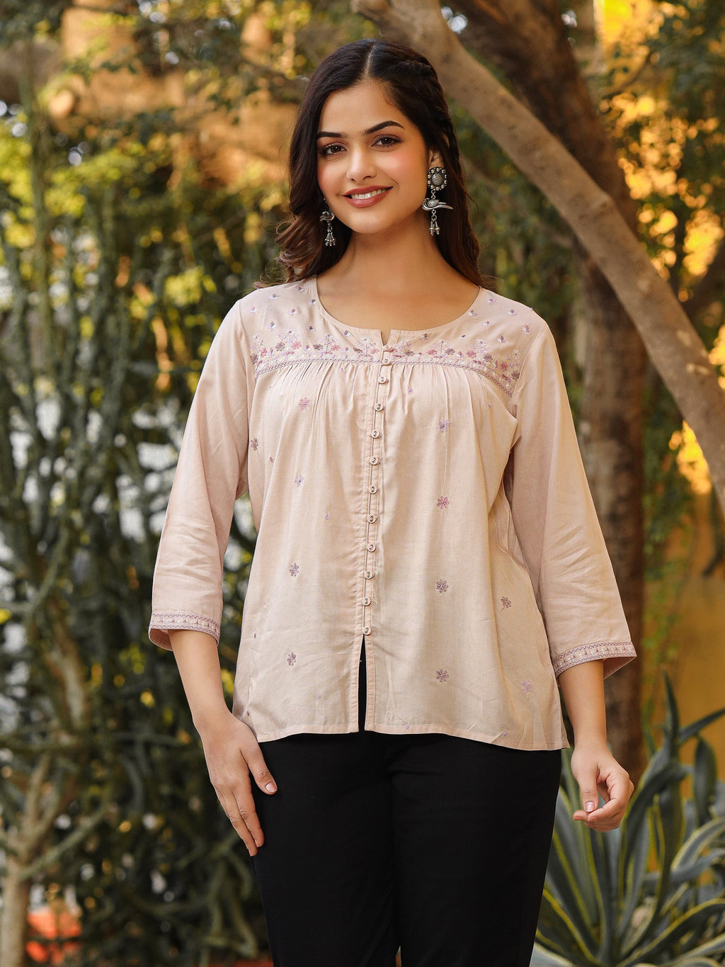 Juniper Women Nude Rayon Solid with Embroidered Tunic