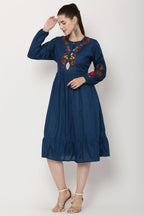 PAVONINE Navy Blue Color Flower Embroidery Dress For Women - Distacart