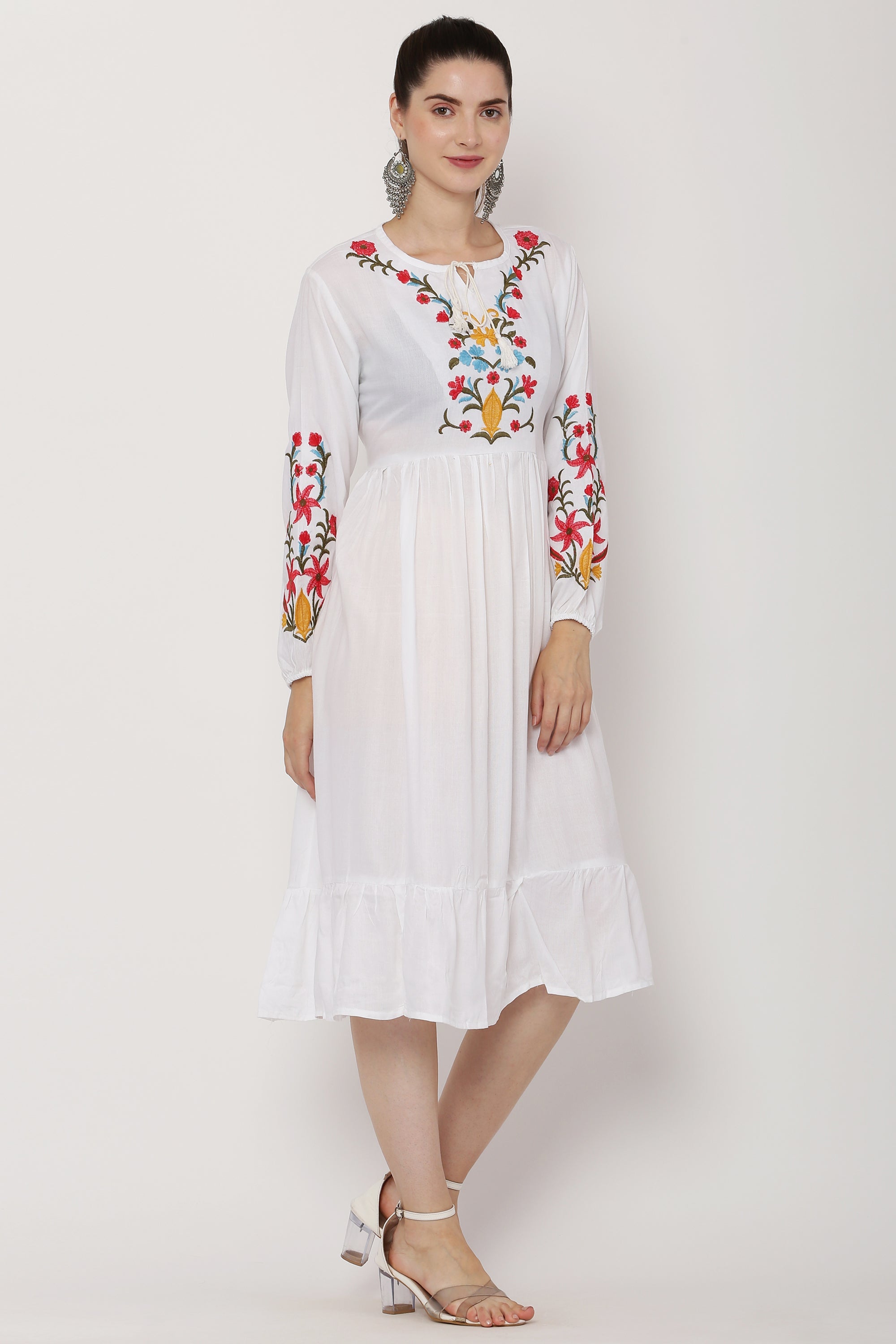 PAVONINE White Color Flower Embroidery Dress For Women - Distacart
