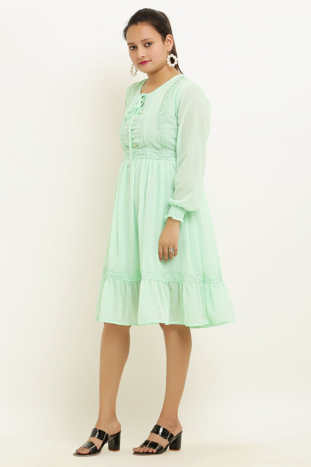 PAVONINE Pista Color Georgette Fabric Lace Inserts Midi For Girls - Distacart