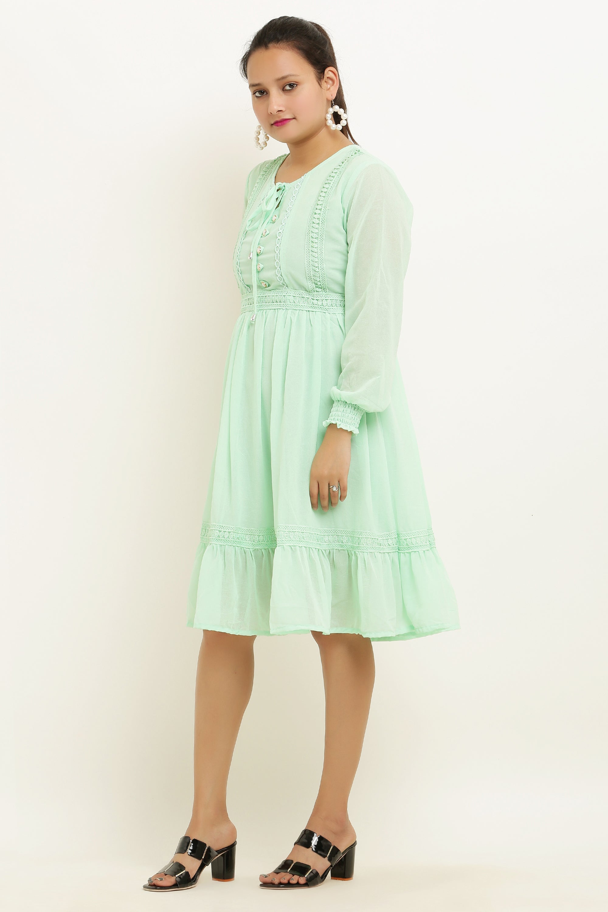 PAVONINE Pista Color Georgette Fabric Lace Inserts Midi For Girls - Distacart