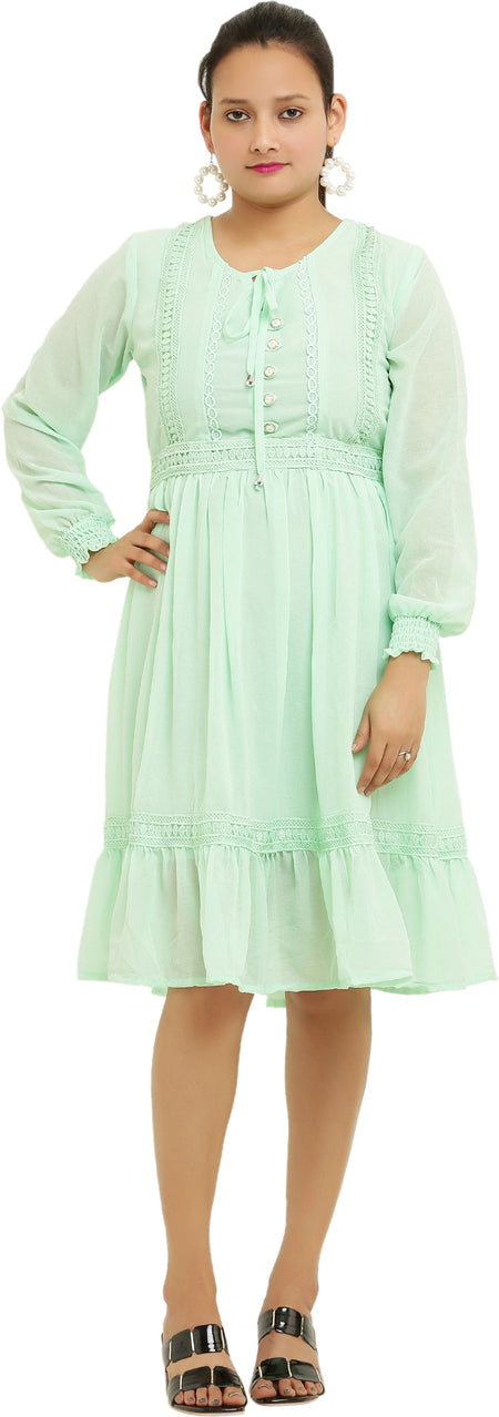 PAVONINE Pista Color Georgette Fabric Lace Inserts Midi For Girls