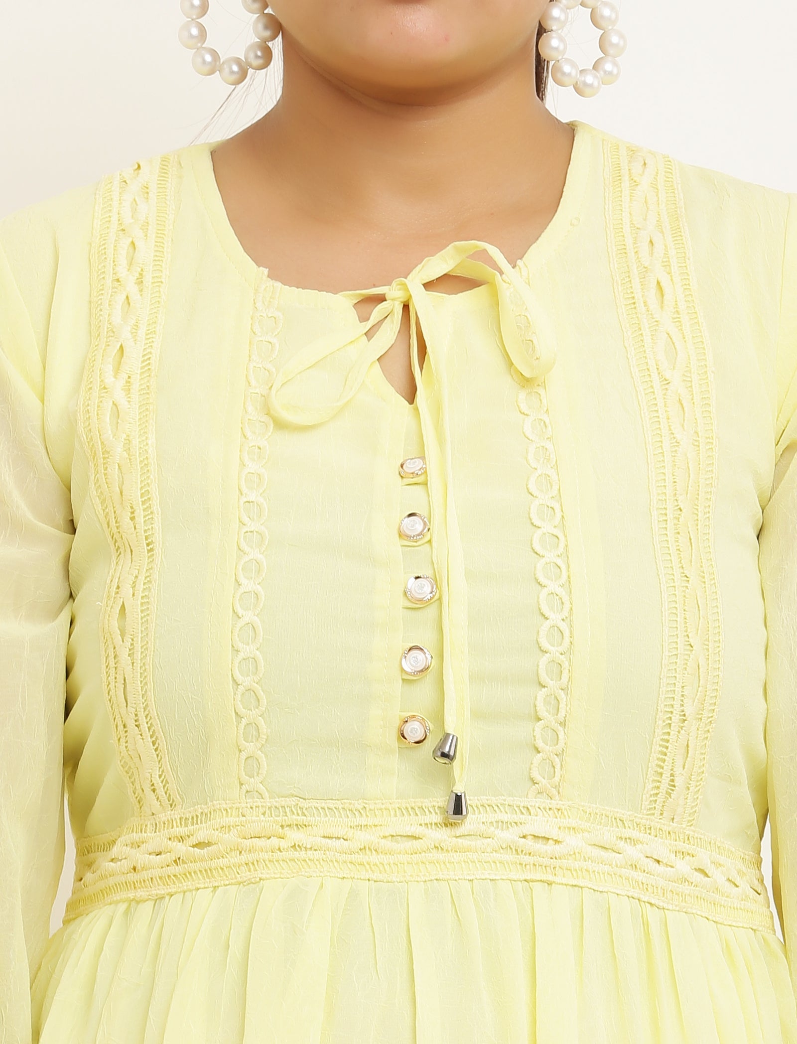 PAVONINE Lemon Color Georgette Fabric Lace Inserts Midi For Girls - Distacart