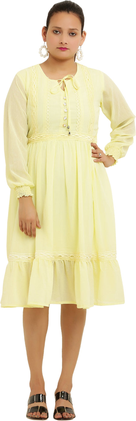 PAVONINE Lemon Color Georgette Fabric Lace Inserts Midi For Girls