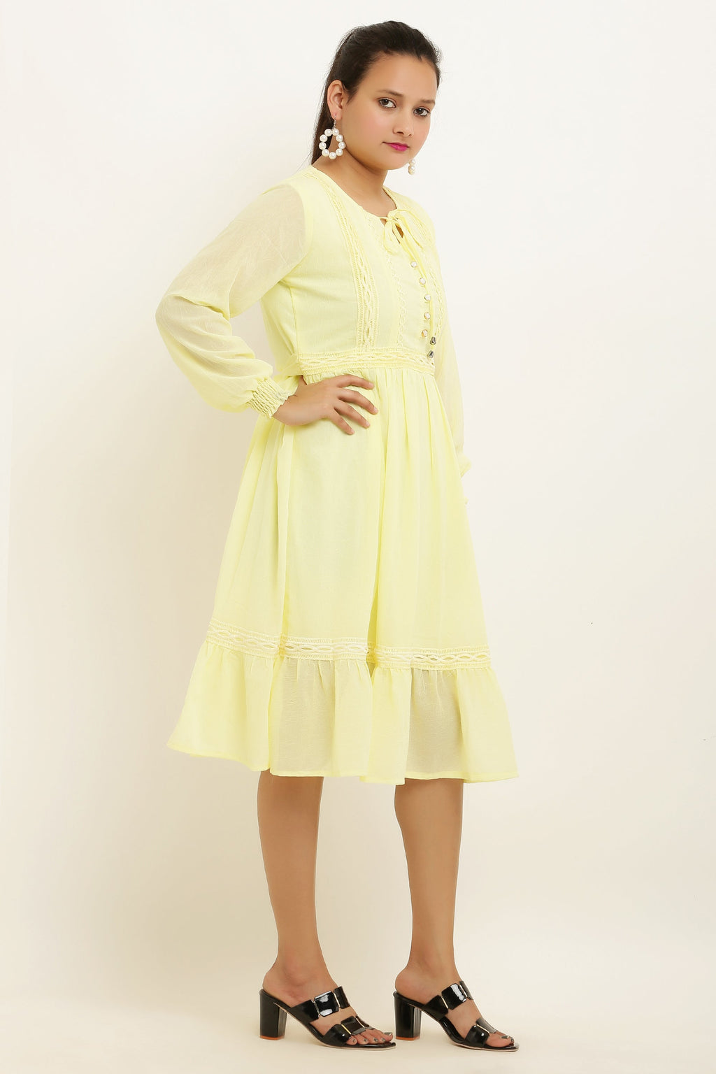 PAVONINE Lemon Color Georgette Fabric Lace Inserts Midi For Girls - Distacart