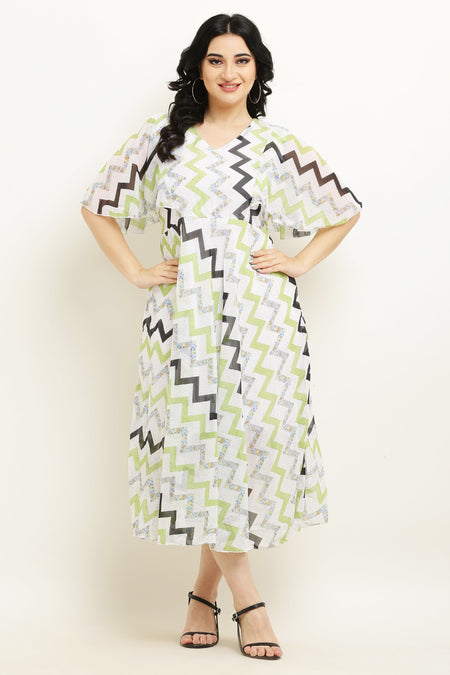 PAVONINE Zig-Zag Printed Georgette Fabric Light Green Dress For Women
