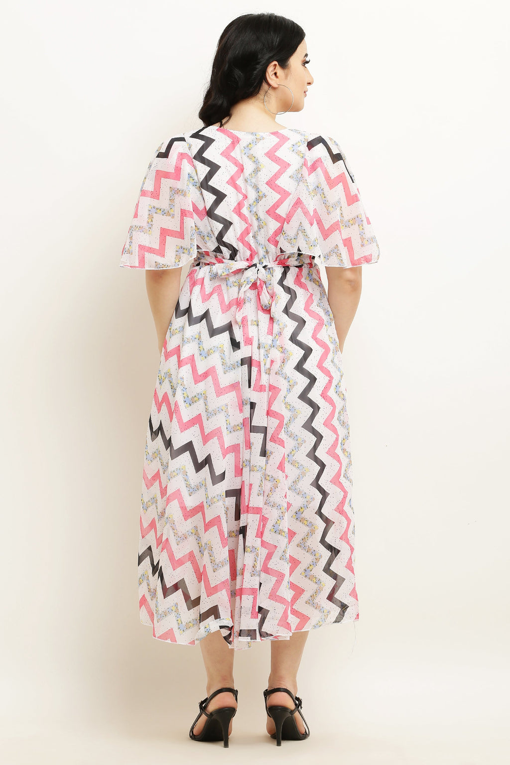 PAVONINE Zig-Zag Printed Georgette Fabric Peach Dress For Women - Distacart