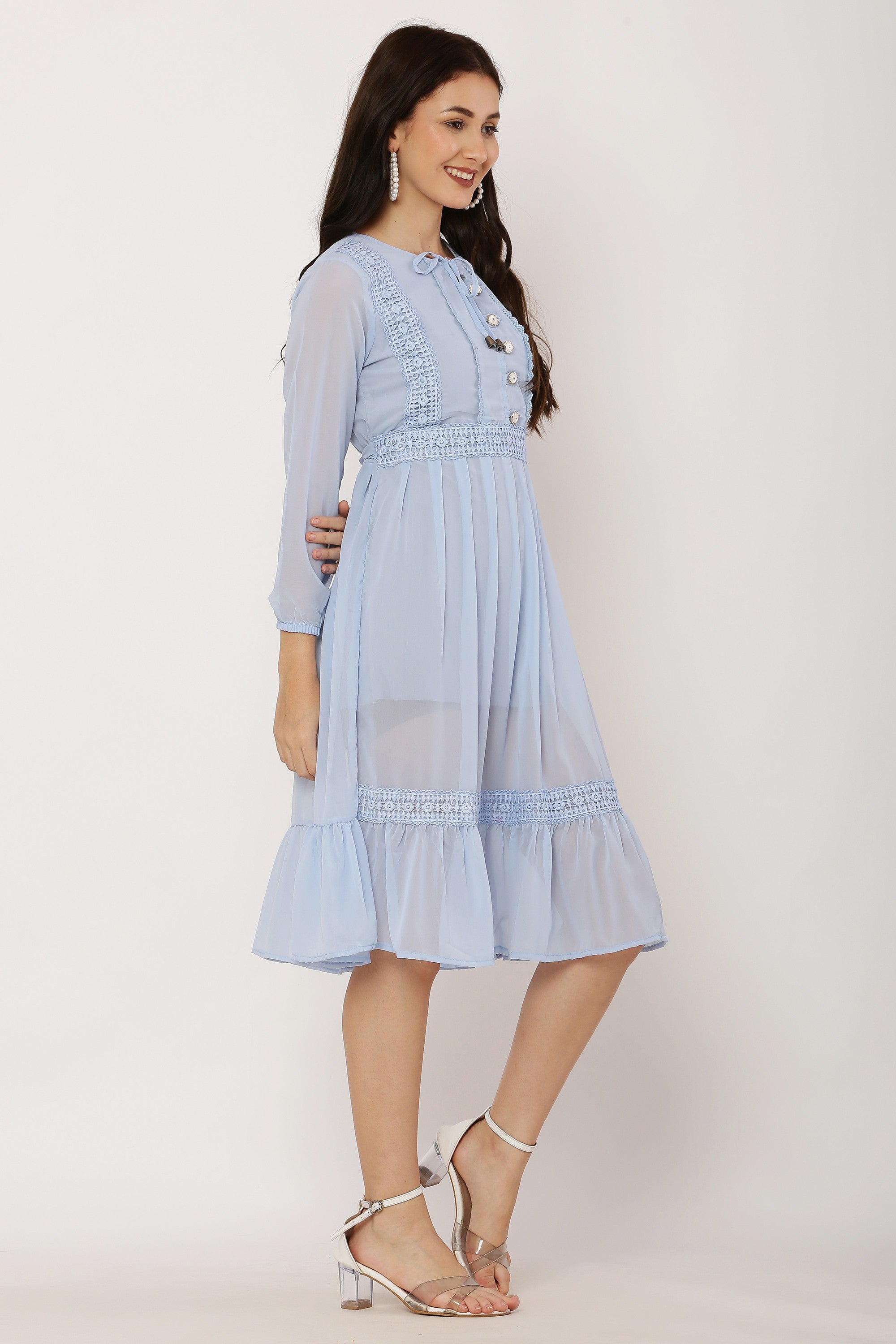 PAVONINE Sky Blue Color Georgette Fabric Lace Inserts Dress For Girls - Distacart