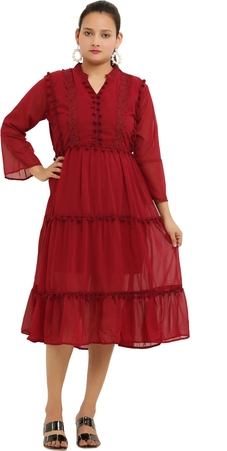 PAVONINE Pum Pum & Lace Inserted Maroon Color Dress For Girls & Women