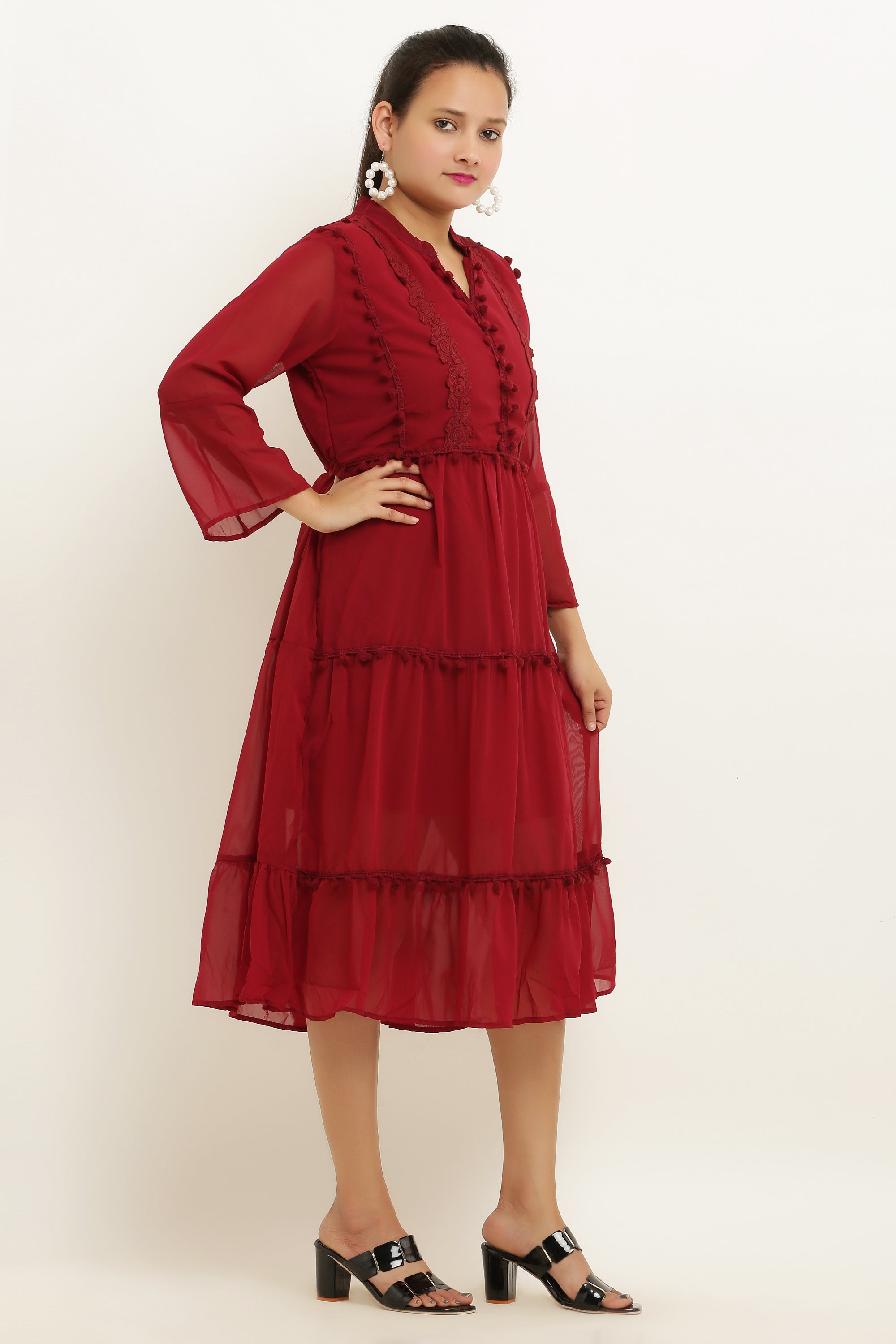 PAVONINE Pum Pum & Lace Inserted Maroon Color Dress For Girls & Women - Distacart