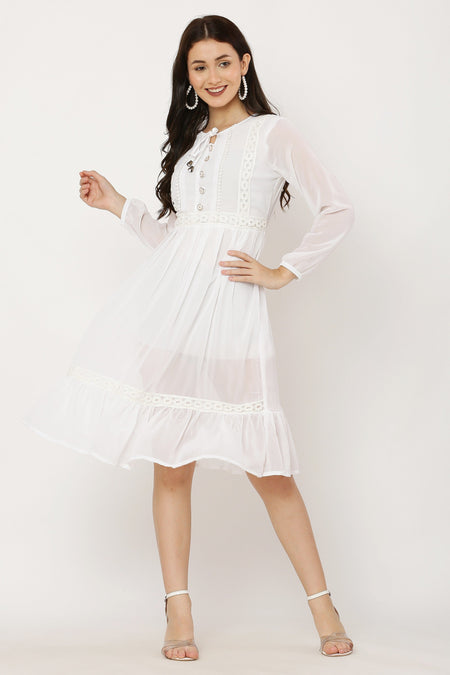 PAVONINE White Color Georgette Fabric Lace Inserts Dress For Girls