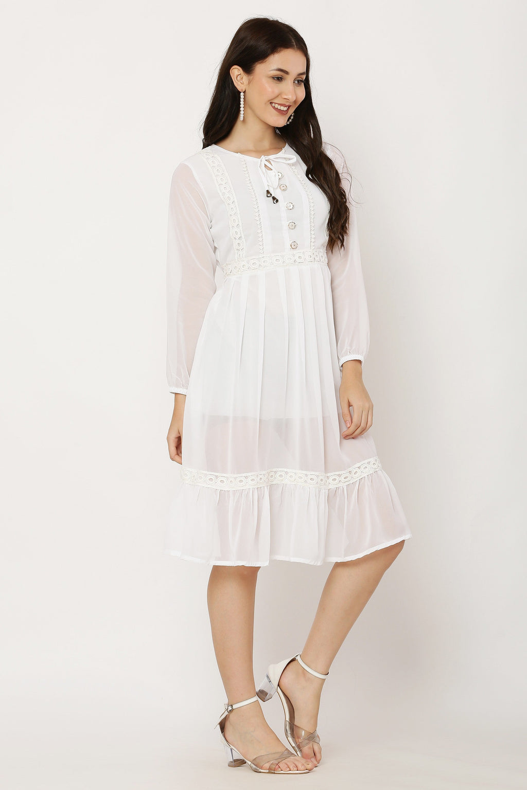 PAVONINE White Color Georgette Fabric Lace Inserts Dress For Girls - Distacart