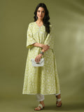 Myshka Women'sLime Green Printed Cotton Anarkali Party Kurta Set