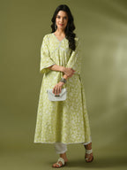 Myshka Women'sLime Green Printed Cotton Anarkali Party Kurta Set