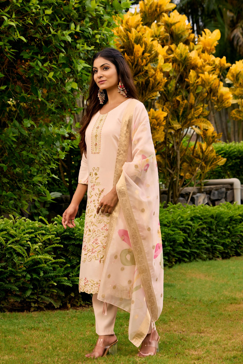 The52 Women's Beautiful Embroidery Work Roman Fabric Straight Kurta Pant and Dupatta Set - Distacart