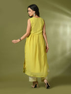 Myshka Women's Yellow Solid Georgette Anarkali Party Kurta Set