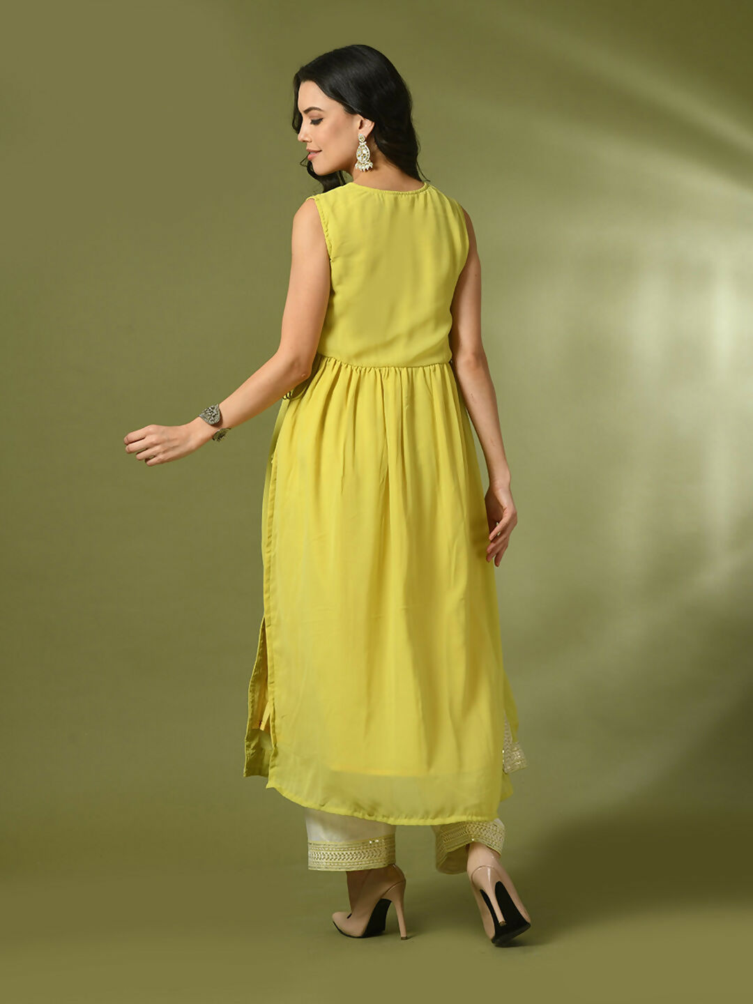 Myshka Women's Yellow Solid Georgette Anarkali Party Kurta Set